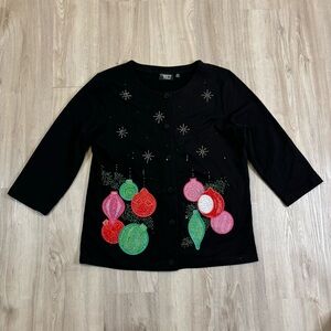 Onque Casuals Christmas Women Medium Black Button Up Cardigan Holiday Rhinestone